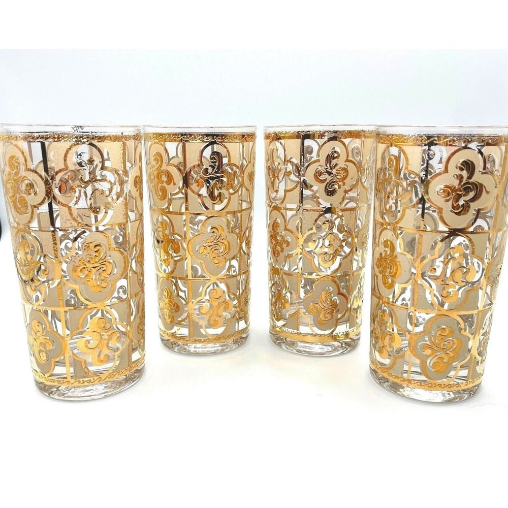 Vintage Culver Sallye Highball Glasses Set of 4 Real Gold MCM Barware Signed
